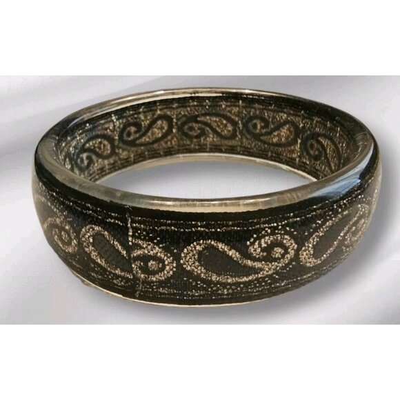 Lucite Bangle Bracelet Black Ribbon Metallic Gold Paisley Pattern Vintage 1980s - Picture 10 of 11
